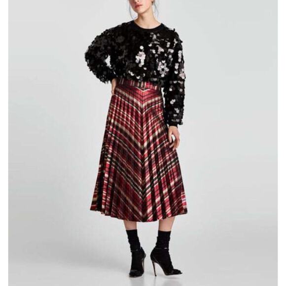 ZARA Claret Metallic Black Red Midi Skirt Chevron Pleated Waistband XS X-Small - Picture 1 of 8